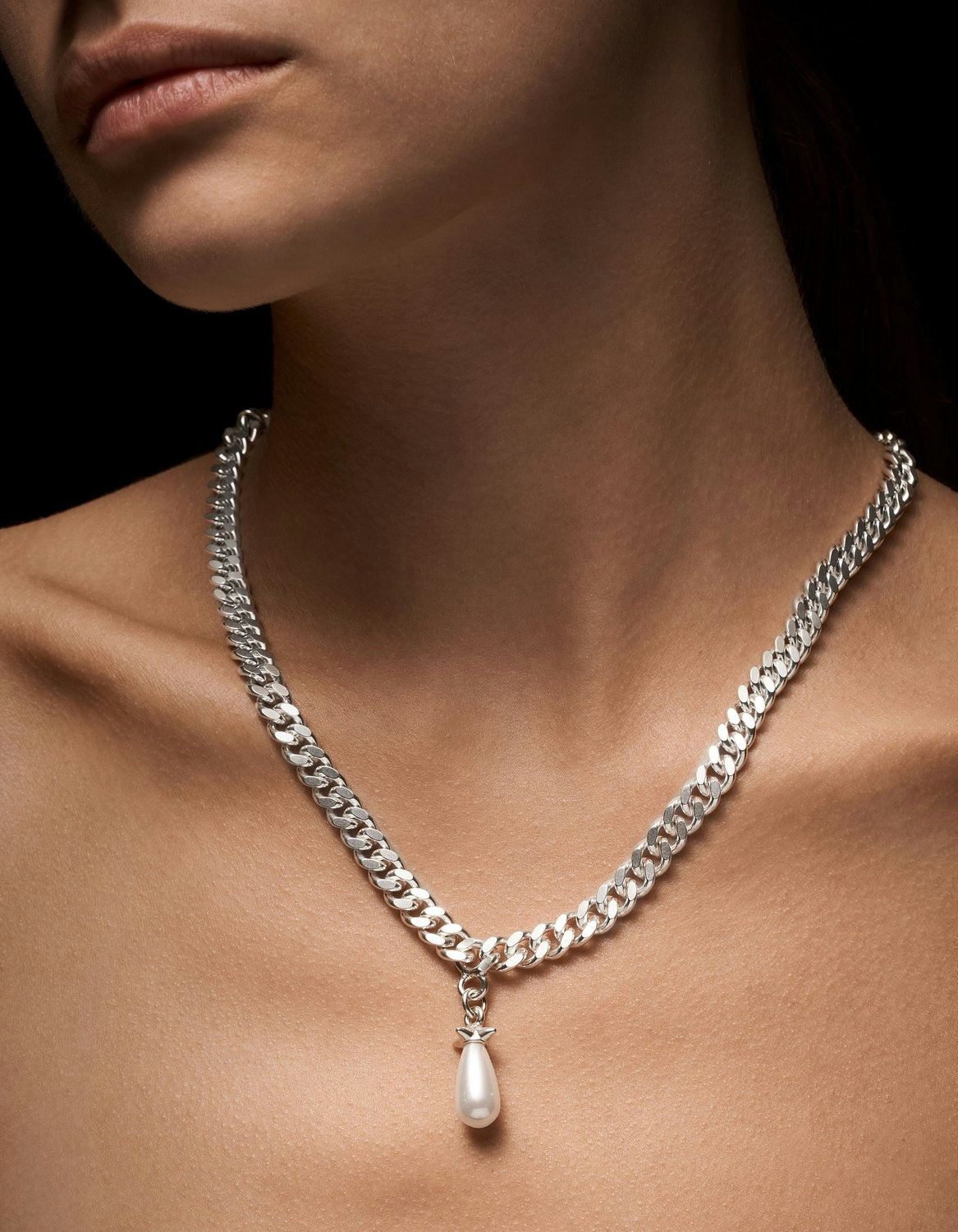 Chunky Chain Drop Pearl Necklace-image-1