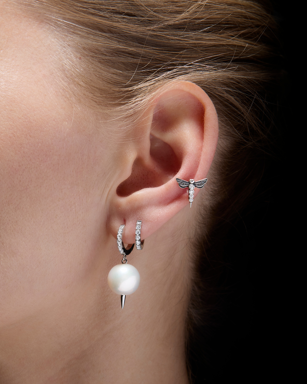 Pierced Pearl Diamond Earring-image-2