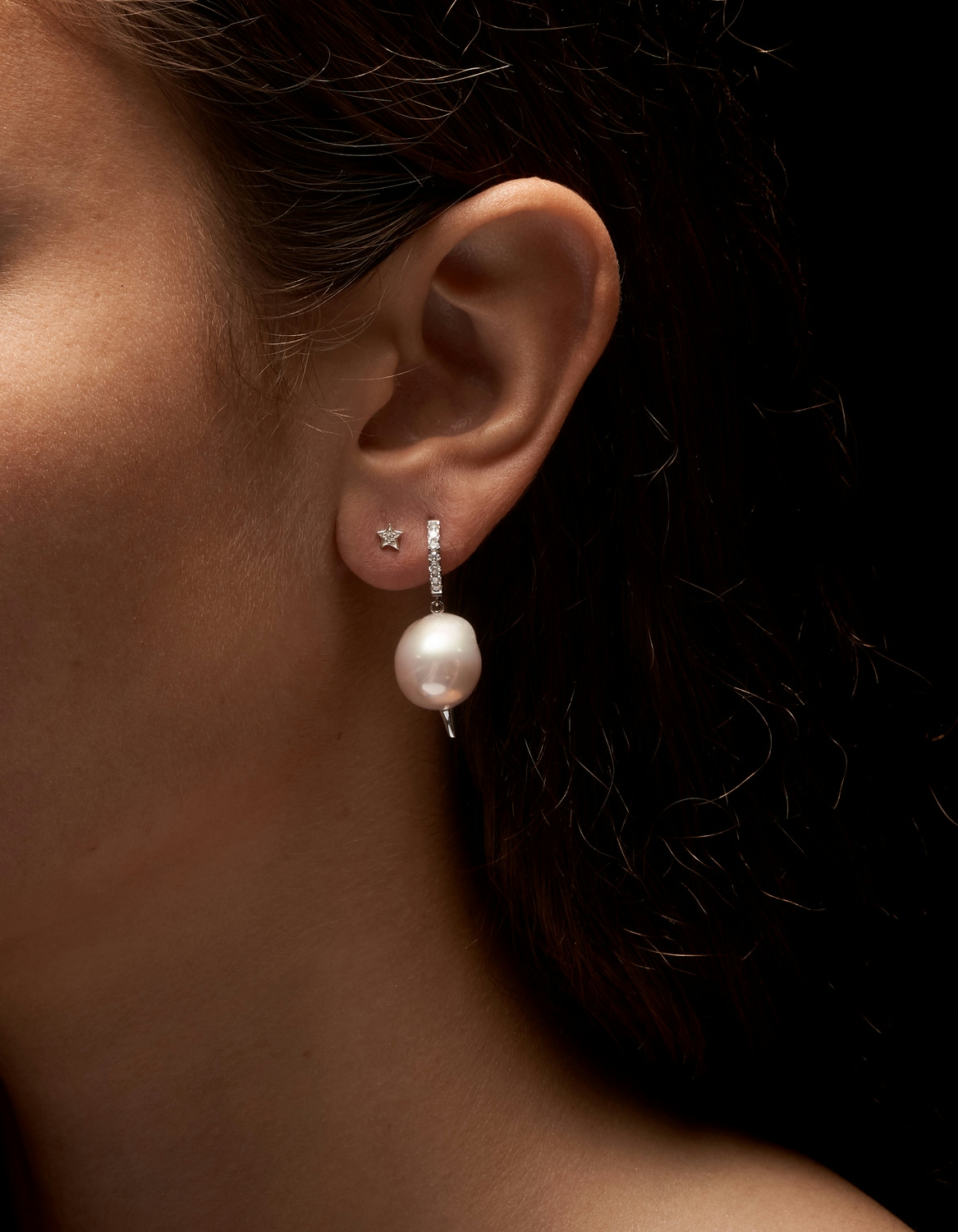 Pierced Pearl Diamond Earring-image-1